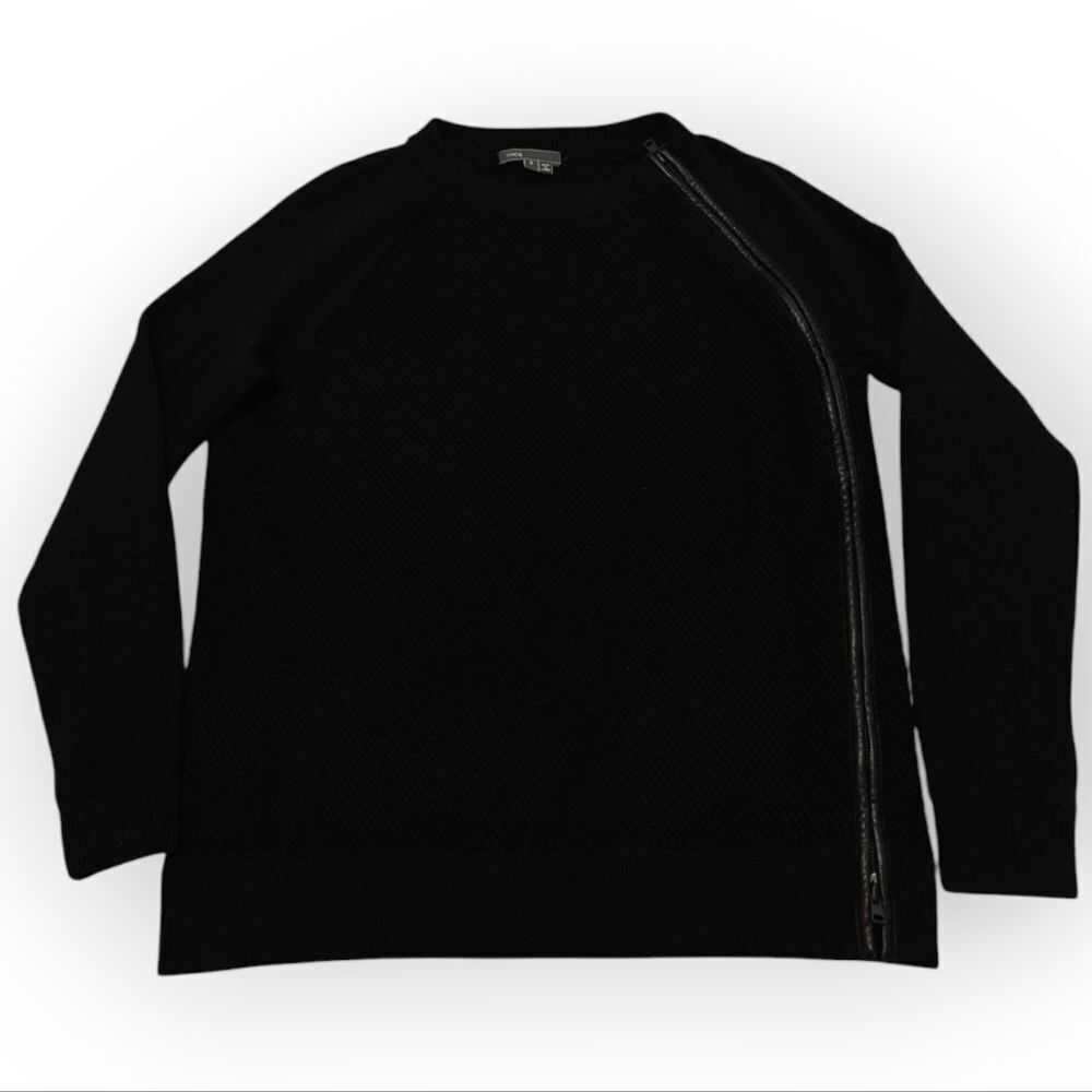 Vince Wool Leather Black Crew Neck Sweater Zip Asymmetrical Design Sz S - Picture 5 of 8